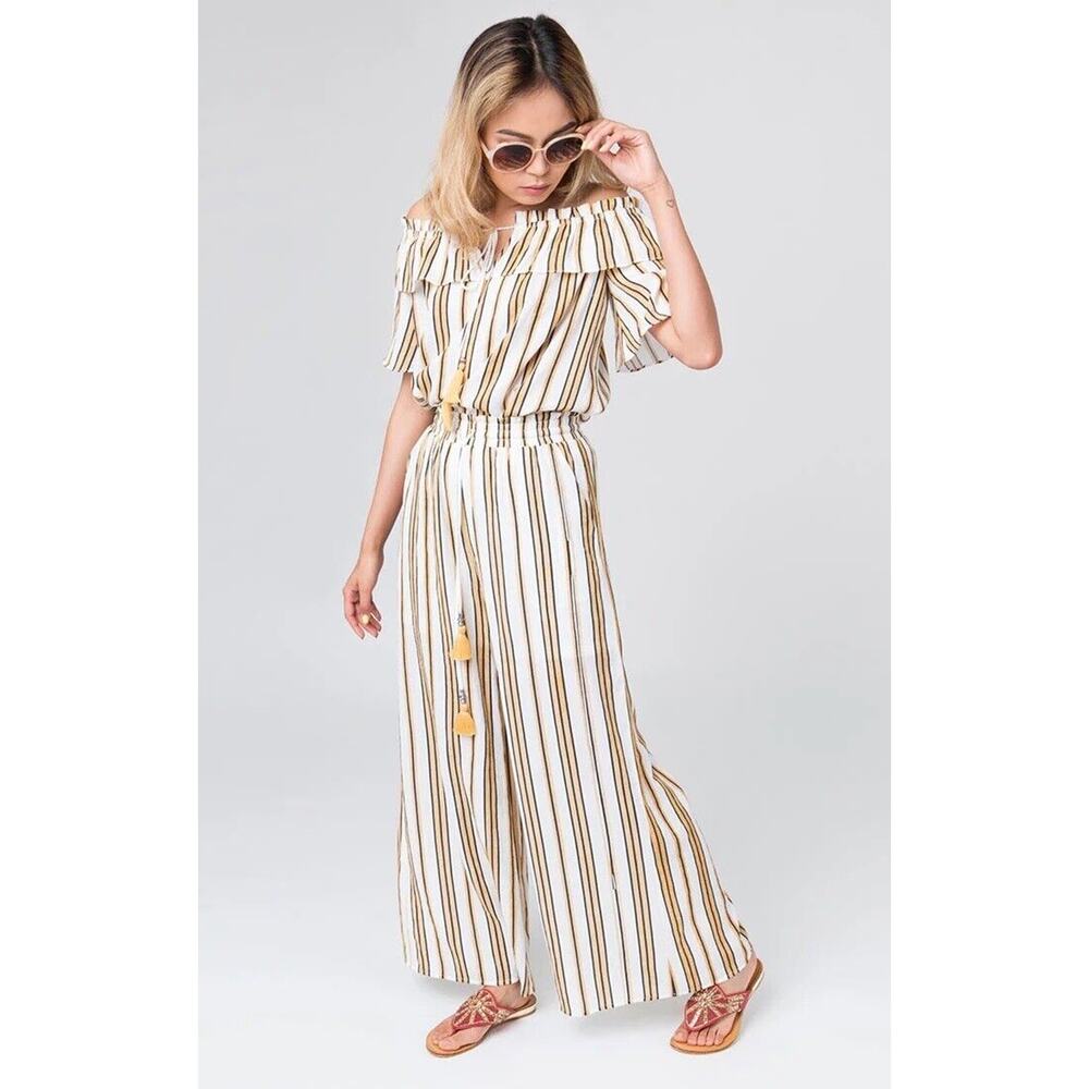 Pia Rossini Yellow Striped 2 Piece Wide Leg Pants Set Small